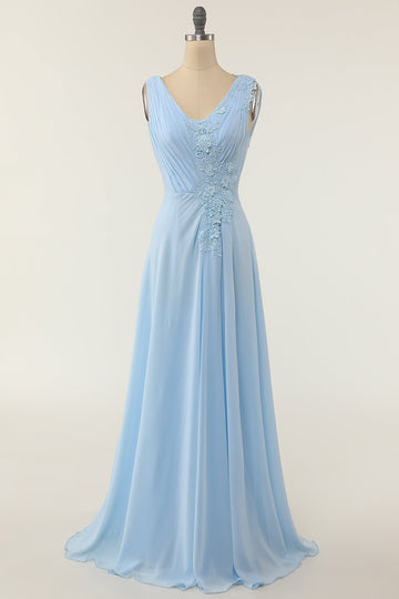 V-neck Blue Bridesmaid Dress with Ruffle